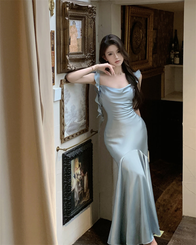 Dress satin 2025 ruffled holiday fishtail pure desire banquet sling long dress R1446