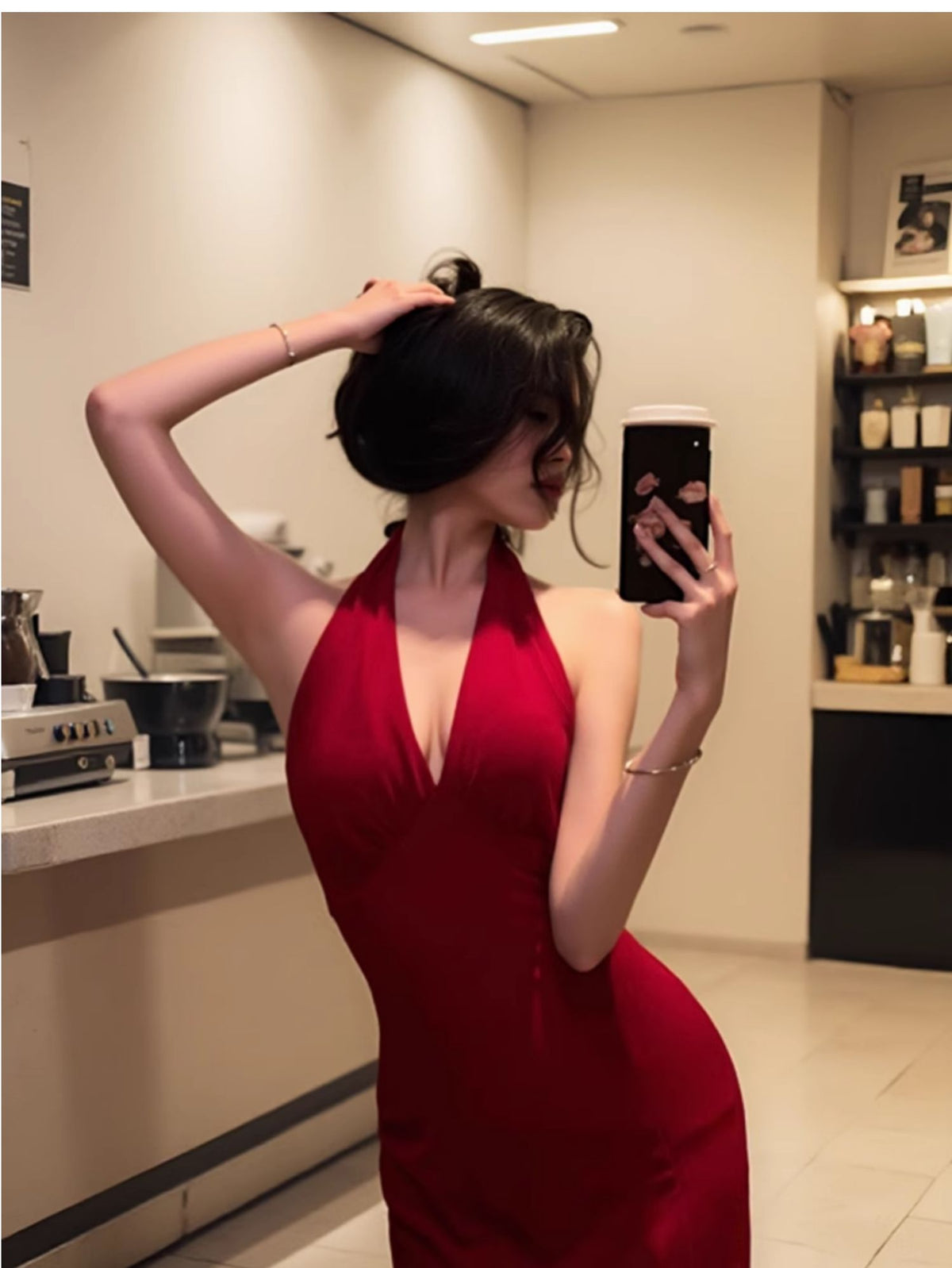 Burgundy sexy halter neck dress French temperament hip-wrapped evening dress long skirt R1458