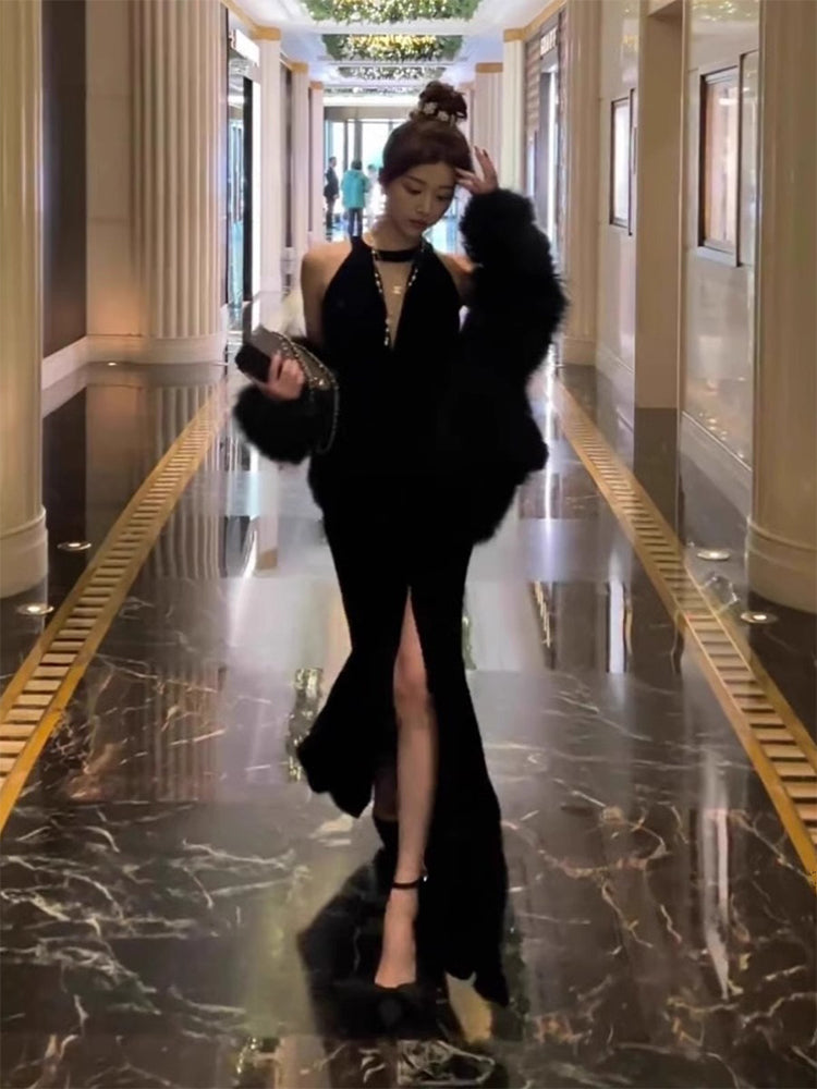 Hepburn style black dress high-end niche temperament sexy halter neck dress R1776