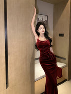 French suspender dress autumn wine red slim waist velvet hip fishtail Christmas dress R1439