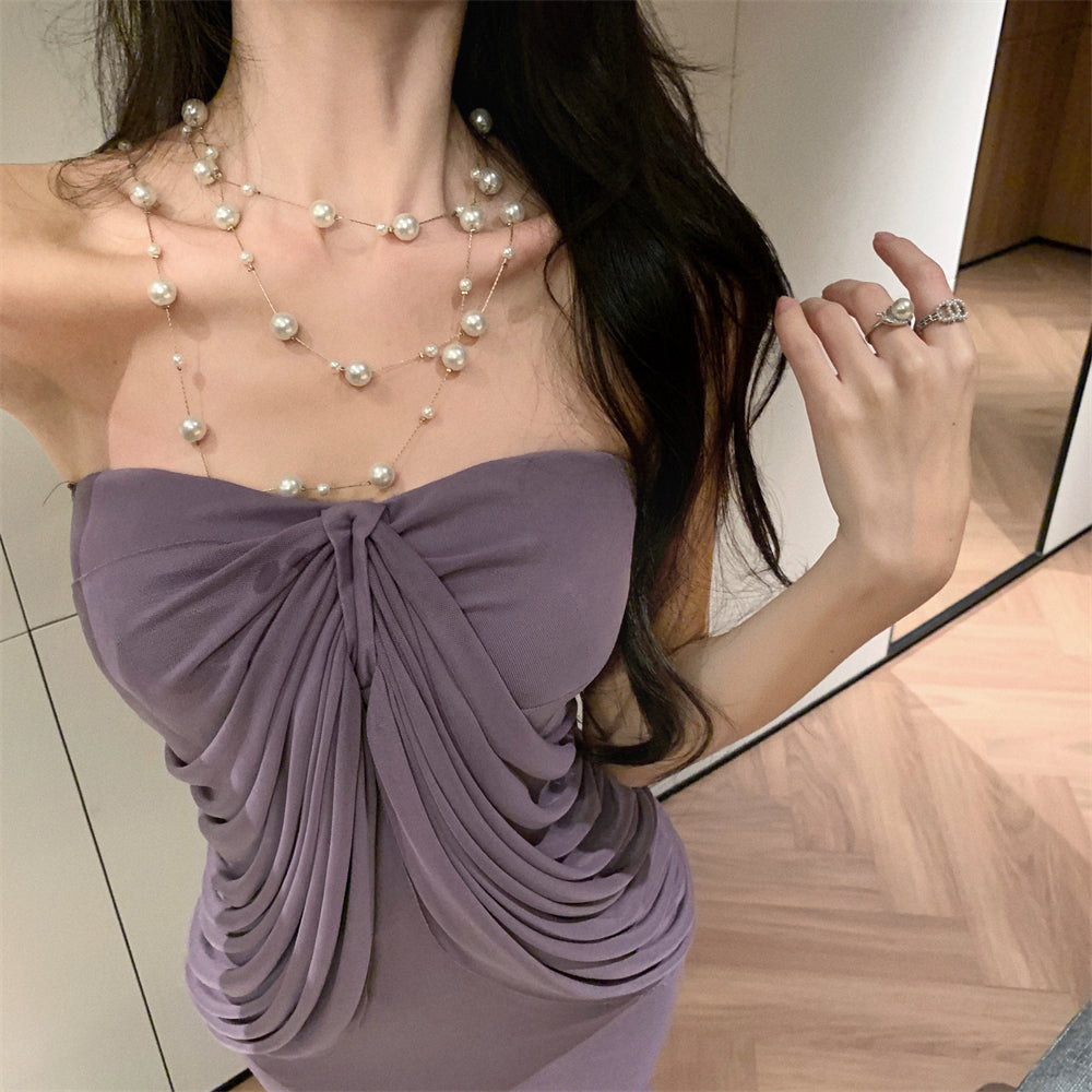 High-grade purple tube top dress, elegant and slim design, fake two-piece shawl pleated hip skirt R1485
