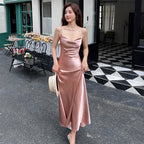High-end acetate silk satin French suspender dress 2025 new pink long skirt R0993