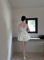 Cute Ball Gown Spaghetti Straps White Satin Short Ballet Skirt Birthday Dresses Birthday Outfits