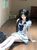 Lolita girl college style pure desire hot girl suit navy collar top skirt bow short two-piece suit R1679
