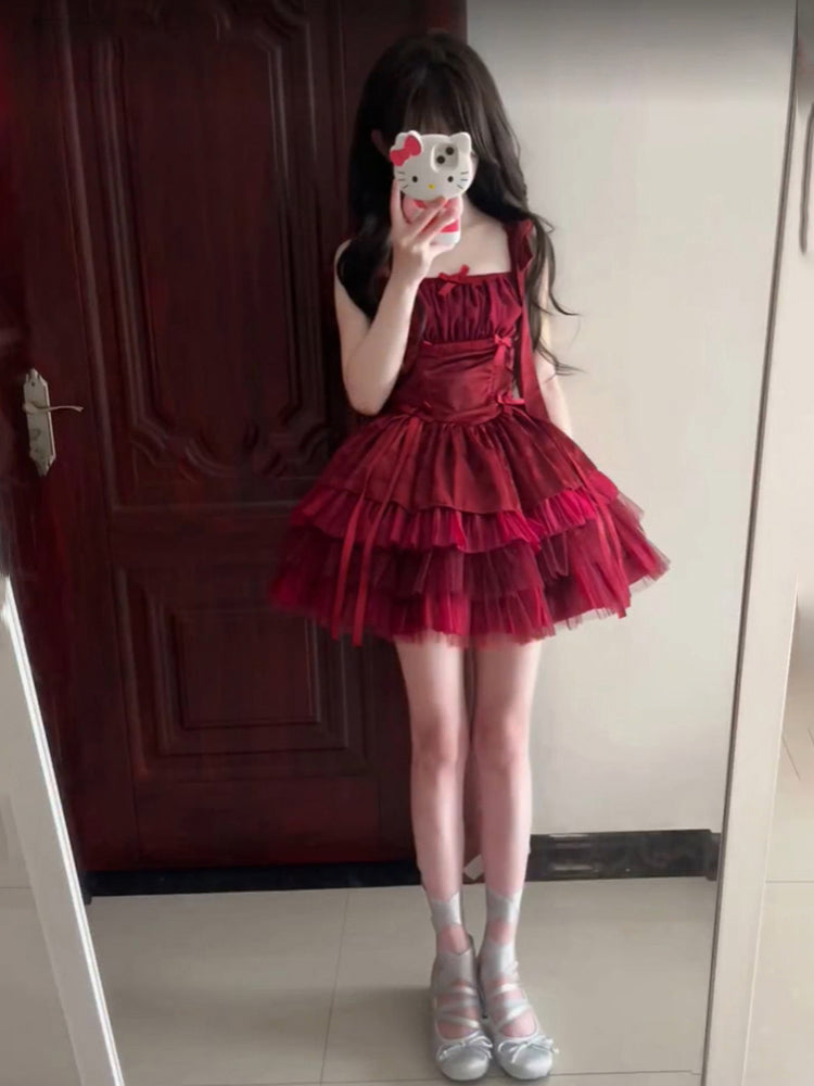 French Ball Gown Square Neckline Short Tulle Burgundy Lolita Dresses Party Dress Birthday Outfits