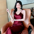 High-grade drape silk satin V-neck suspender dress mid-length temperament skirt R0997