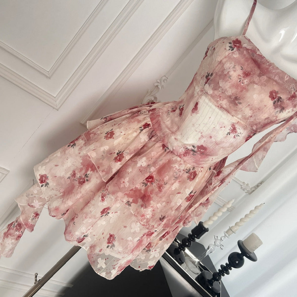New arrival Huaqi wild rose holiday fairy irregular red floral dress R1993