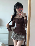 Large size French one-shoulder chic temperament slim fit top floral hip skirt two-piece set R1862