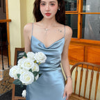 High-grade silk suspender dress for women, medium-length satin slim-fitting maxi dress R0981
