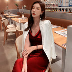 High-grade silk suspender dress with medium-length satin acetate for slimming R0983
