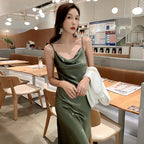Green acetate satin silk suspender dress women's medium length 2025 new long skirt R1006