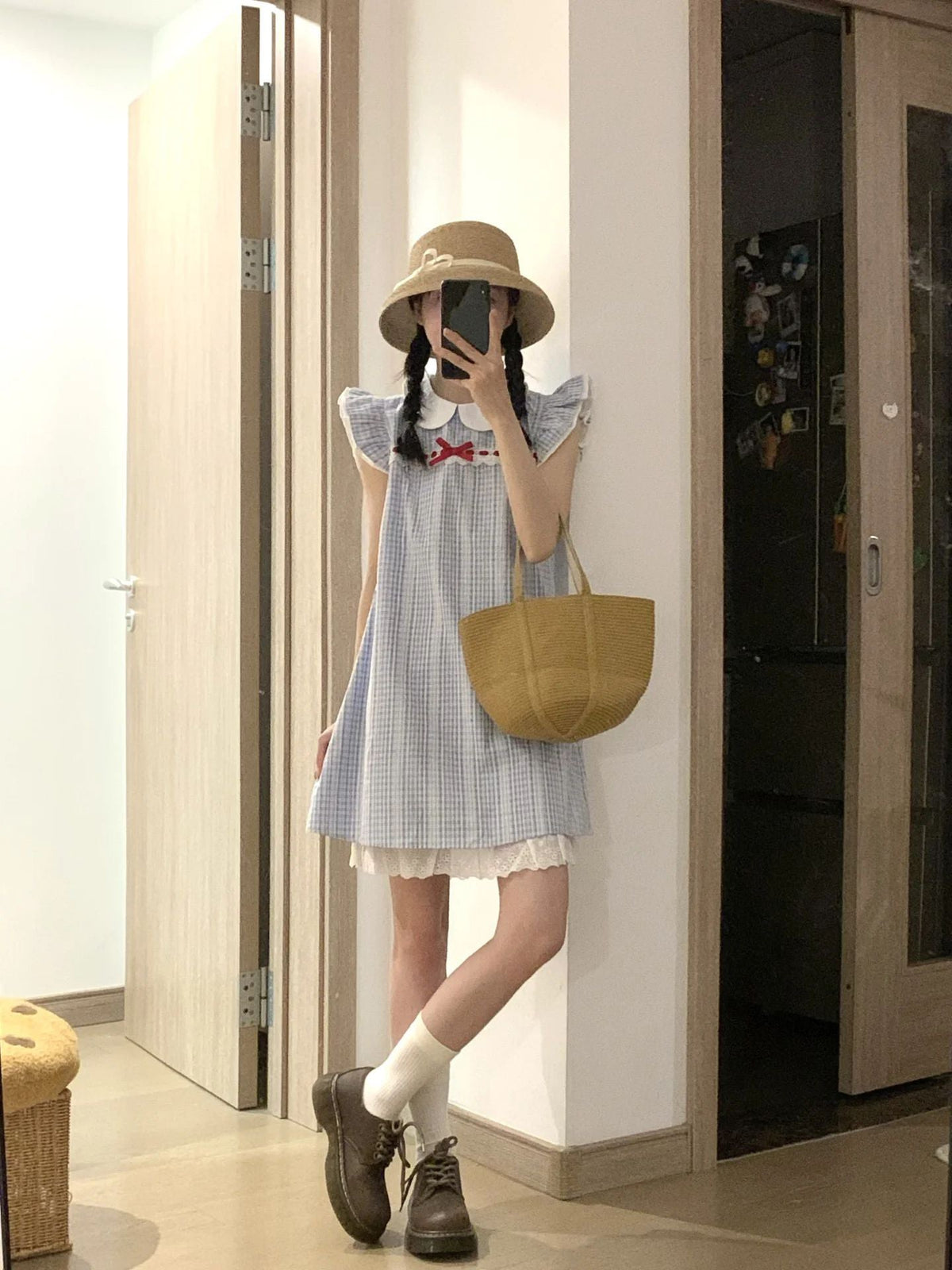 Sweet style blue plaid dress gentle temperament loose a-line short skirt 2025 new R0873
