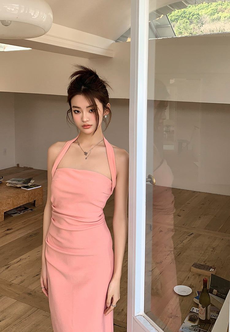 French halter dress slim fit temperament sleeveless suspenders pure desire hip skirt R1457