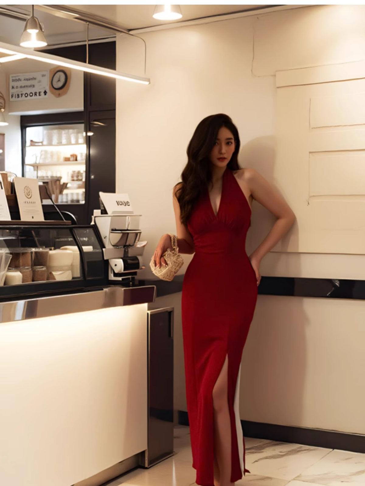 Burgundy sexy halter neck dress French temperament hip-wrapped evening dress long skirt R1458