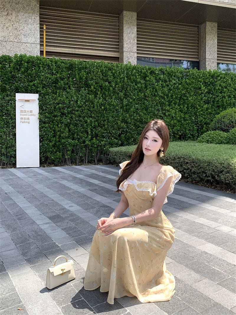 Beautiful little skirt gentle style floral yellow long skirt 2025 dress R0890