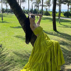 Travel suspenders with exposed waist dress, slim beach dress, holiday waist long skirt R1586