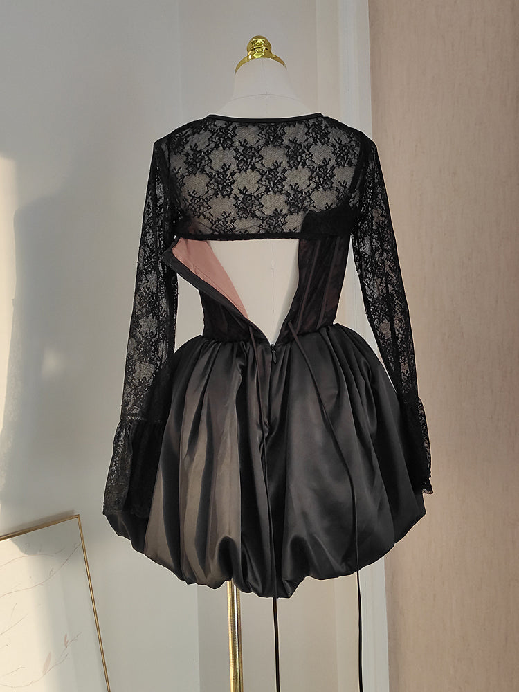 Sexy Ball Gown Spaghetti Straps Black Lace Travel Vacation Dresses Short Satin Birthday Dress