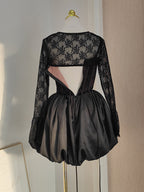 Sexy Ball Gown Spaghetti Straps Black Lace Travel Vacation Dresses Short Satin Birthday Dress