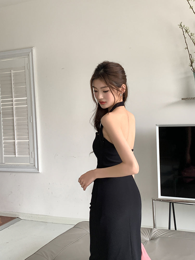 French halter dress slim fit temperament sleeveless suspenders pure desire hip skirt R1457