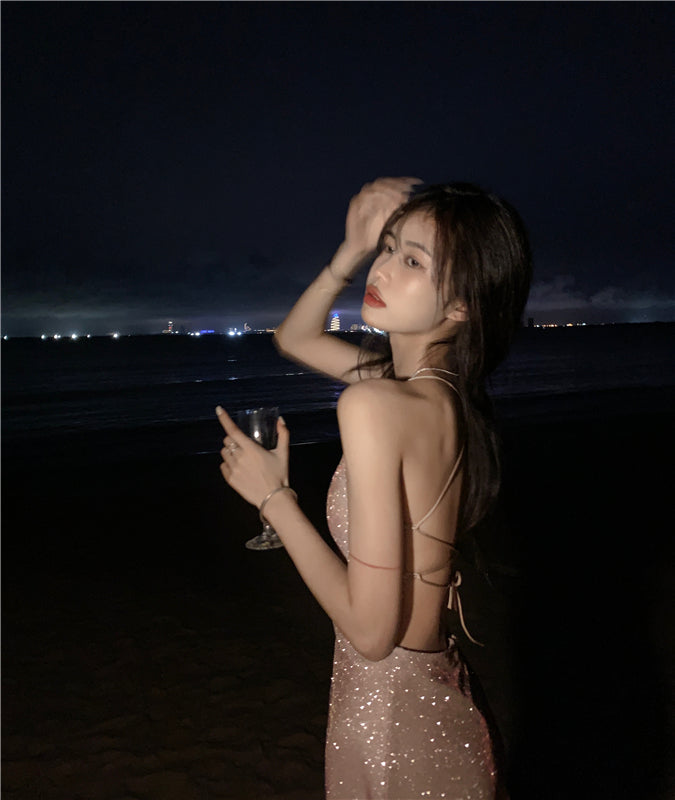 Beach vacation Sanya travel outfit sexy backless suspender beach dress R1455