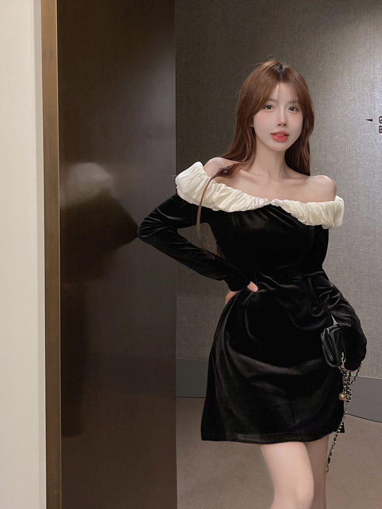 Hepburn style birthday party dress high-end niche one-shoulder black velvet dress R1808