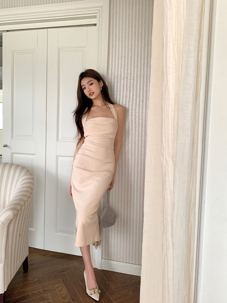 French halter dress slim fit temperament sleeveless suspenders pure desire hip skirt R1457