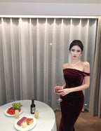 Off-shoulder sleeveless dress velvet banquet temperament fishtail dress skirt R1448