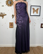 Vintage Strapless Purple Chiffon Satin Beaded Long Birthday Prom Dress Evening Gown