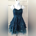 Vintage Blue Satin Lace Tulle Sequin Layered A Line Short Homecoming Dress Cocktail Dress SP135