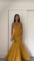 Vintage Spaghetti Straps Yellow Satin Mermaid Evening Dress Long Prom Gown