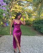 Sexy Halter Hot Pink Satin Slit Evening Dress Formal Wedding Guest Dress SP556