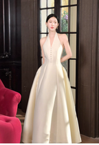 Fashion Halter V Neck Off White Satin A Line Long Wedding Guest Dress Formal Birthday Party Dress SP2013