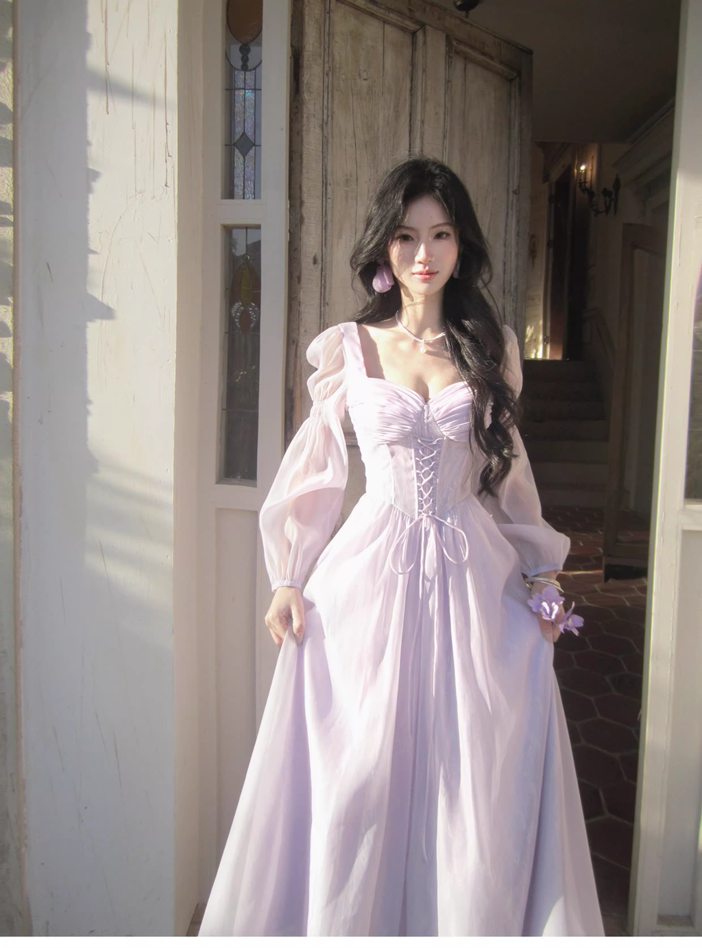 Sweet Lavender Tulle Lace A Line Long Party Dress Birthday Prom Dresses SP1500