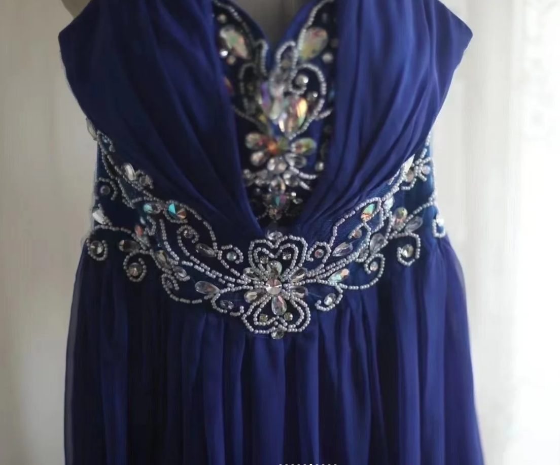 Stylish Halter Royal Blue Chiffon Beaded Long Evening Dress Formal Wedding Guest Dress Prom Gown