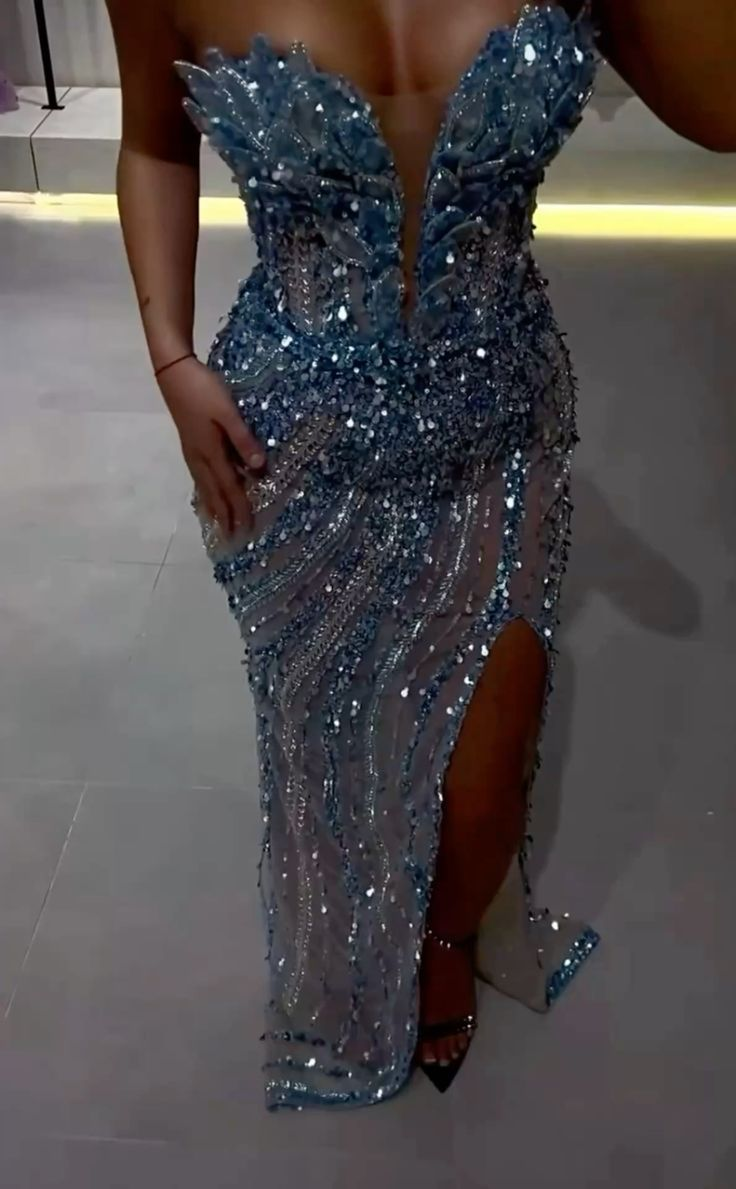 Luxury Blue Strapless Sequin Beaded Slit Mermaid Evening Dress Party Gown