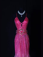 Gorgeous Spaghetti Straps Hot Pink V Neck Satin Tulle Beaded Mermaid Prom Dress Backless Long Evening Gown