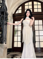 Classy Spaghetti Straps White Satin Mermaid Long Wedding Guest Dress Formal Evening Dress With Scarf SP1645