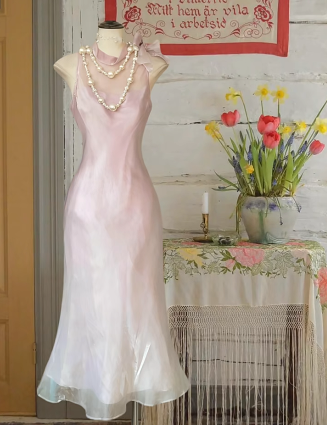 Classy Halter Ombre Pink Mermaid Long Prom Dress Party Gown