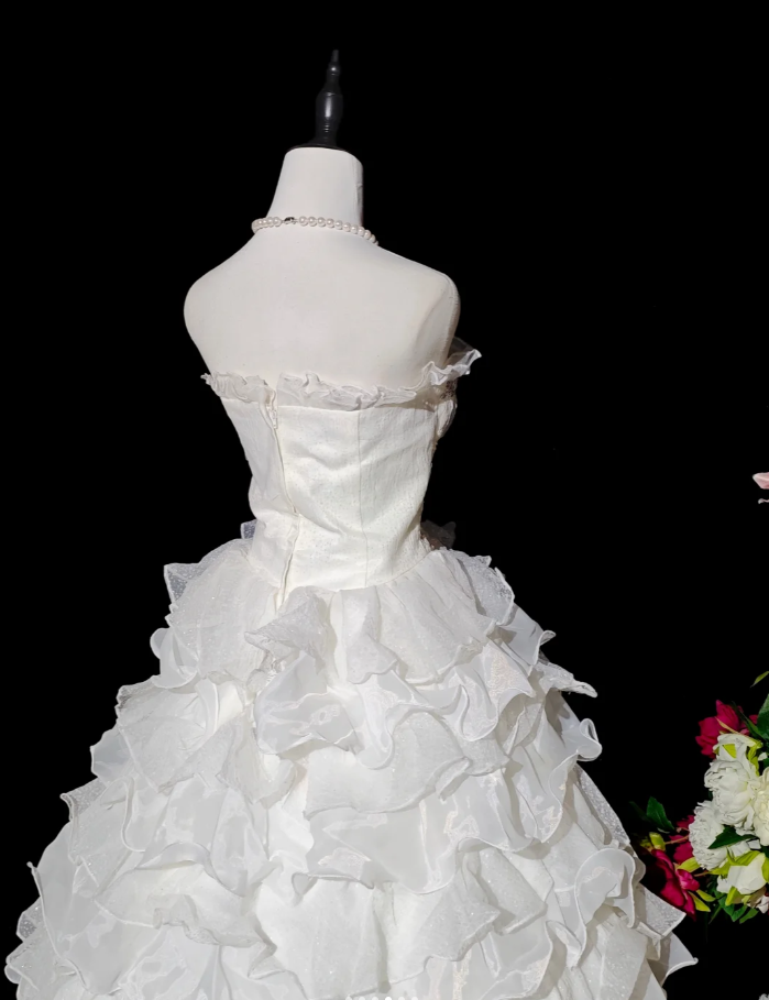 Glamorous Strapless Beaded White Chiffon Ruffles Layered Long Wedding Dress Formal Bridal Gowns