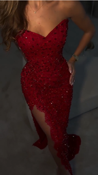 Luxury Strapless Red Lace Beaded Side Slit Mermaid Long Party Dress Formal Evening Gown