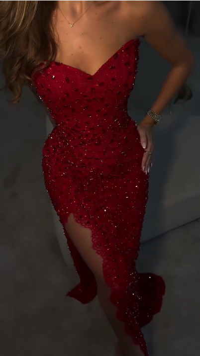 Luxury Strapless Red Lace Beaded Side Slit Mermaid Long Party Dress Formal Evening Gown
