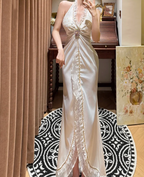 Sexy Halter V Neck Ruffles Beaded Long Mermaid Evening Dress White Formal Birthday Party Dress Prom Gown