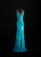 Unique Sleeveless Blue Satin Sequin Mermaid Evening Dress Long Birthday Party Dress Prom Gown