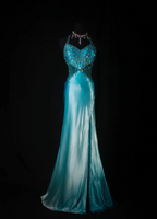 Classy Halter Blue Satin Beaded Mermaid Slit Long Prom Dress Evening Gown SP1693