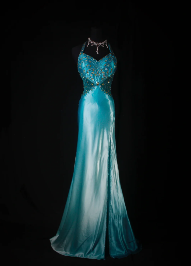 Classy Halter Blue Satin Beaded Mermaid Slit Long Prom Dress Evening Gown SP1693