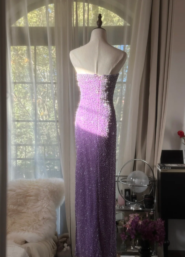 Glamorous Strapless Purple Chiffon Beaded Sheath Slit Prom Dress Long Party Gown