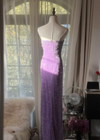 Glamorous Strapless Purple Chiffon Beaded Sheath Slit Prom Dress Long Party Gown