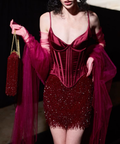 Vintage Burgundy Spaghetti Straps Satin Sequin Cocktail Dress Formal 6th Grade Homecoming Dress Y9147
