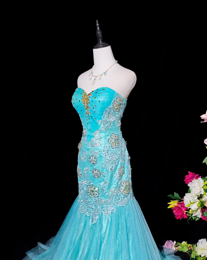 Charming Strapless Blue Tulle Appliques Beaded Mermaid Party Dress Long Birthday Evening Gown