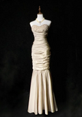 Elegant Strapless Satin Pleated Beaded Mermaid Long Wedding Guest Dress Formal Evening Dress Party Gown